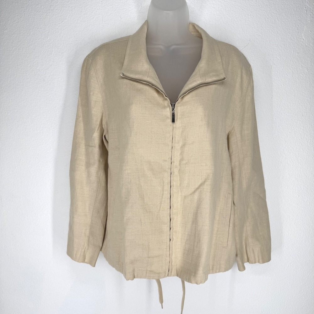 Ann Taylor Vintage Beige Linen Zip Front Jacket Medium Minimalist Drawstring Hem